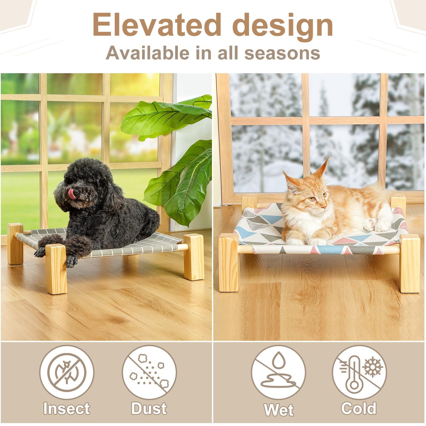 Cat Hammock Bed Elevated Sleeping Chair for 2 Indoor Cats Raised Floor Kitty Cot with Wooden Frame Lifted Stand No Drill Puppy Lounger Pet Beds 18x18in for Kitten Small Dogs Rabbit Bunny