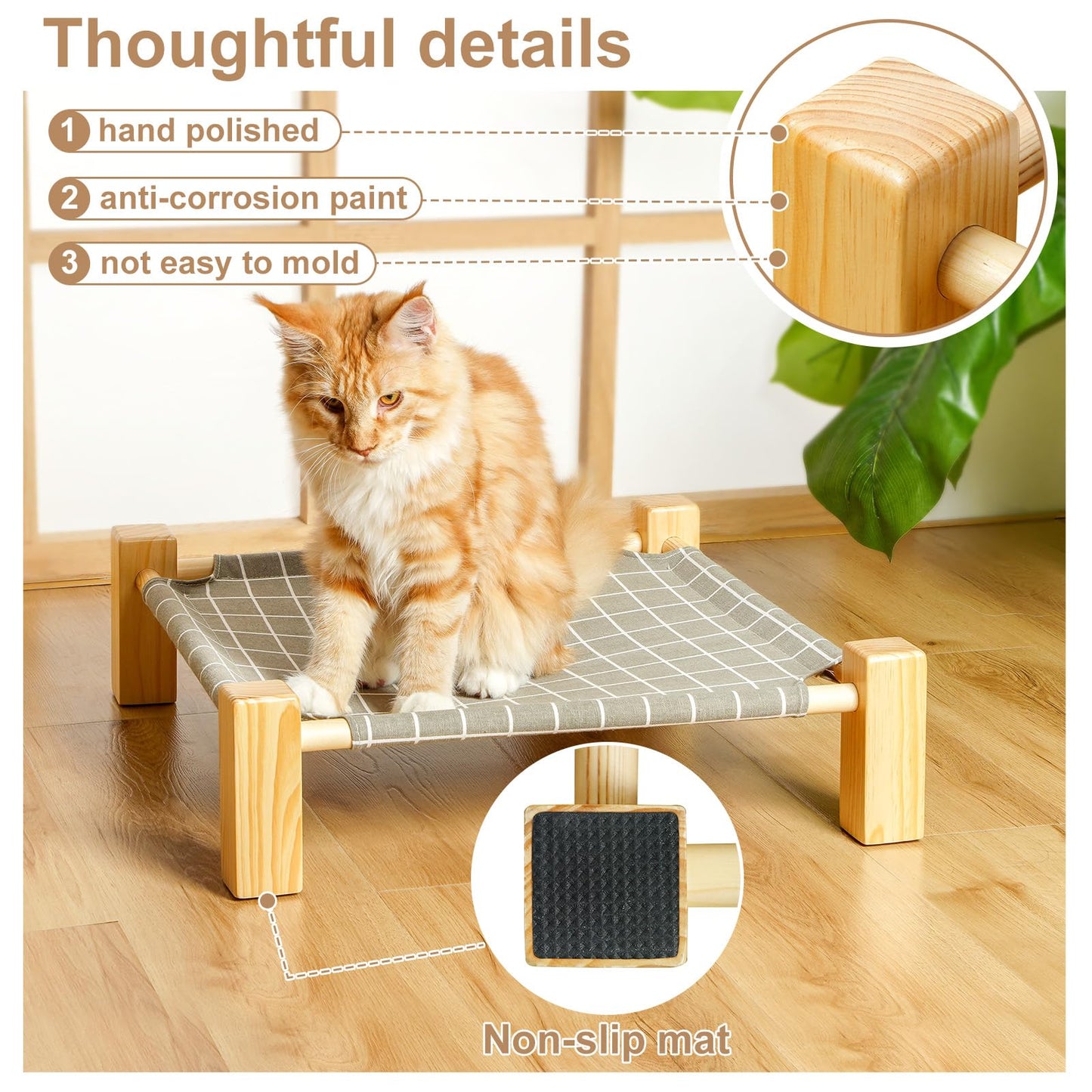 Cat Hammock Bed Elevated Sleeping Chair for 2 Indoor Cats Raised Floor Kitty Cot with Wooden Frame Lifted Stand No Drill Puppy Lounger Pet Beds 18x18in for Kitten Small Dogs Rabbit Bunny