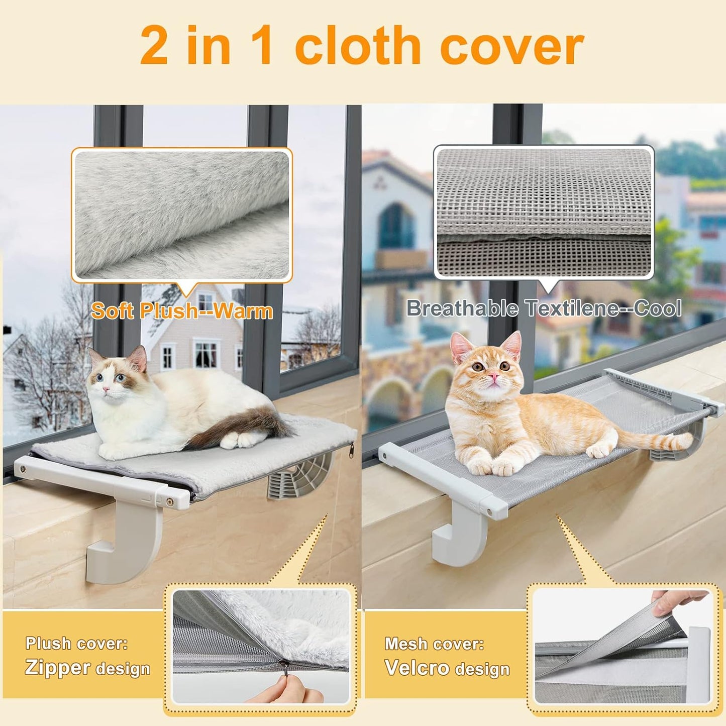 Cat Window Hammock Perch Kitty Bed 26.5 * 13.6” Cat Shelf Bedside Seat for Large Cats No Suction No Drilling Hold up 40lbs Easy to Assemble and Install on Window Sill Hamac Chat Lit Pour Chat Fenêtre