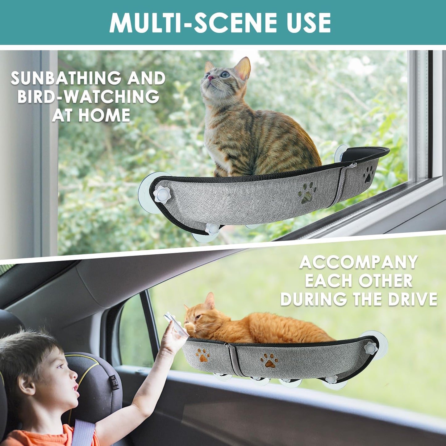 Sunhoo Cat Window Perch Hammock Cordless Cat Bed Seat with 6 Strong Suction Cups for Indoor Cats Windowsill Kitty Shelf Sunbathing Ledge Larger Size L27.6*W9.4*H5.9in Easy to Assemble Hamac Pour Chat