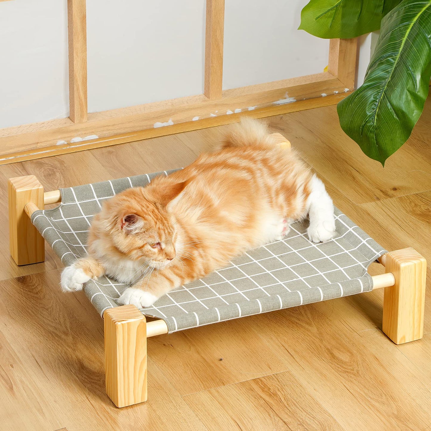 Cat Hammock Bed Elevated Sleeping Chair for 2 Indoor Cats Raised Floor Kitty Cot with Wooden Frame Lifted Stand No Drill Puppy Lounger Pet Beds 18x18in for Kitten Small Dogs Rabbit Bunny