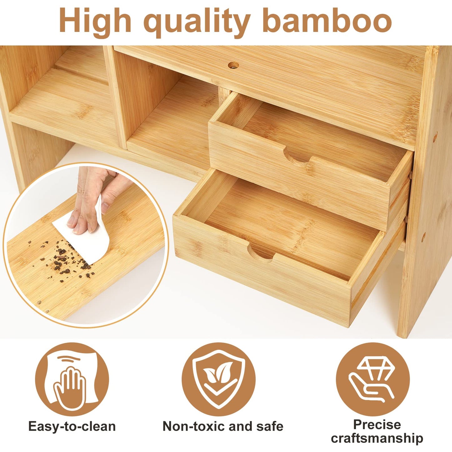 Desktop Bookshelf Organizer for office Desk Shelf with Drawers for Bedroom Dresser Adjustalbe Bamboo Shelves for Balcony Small Storage for Kitchen Standing Shelf for Plants Books