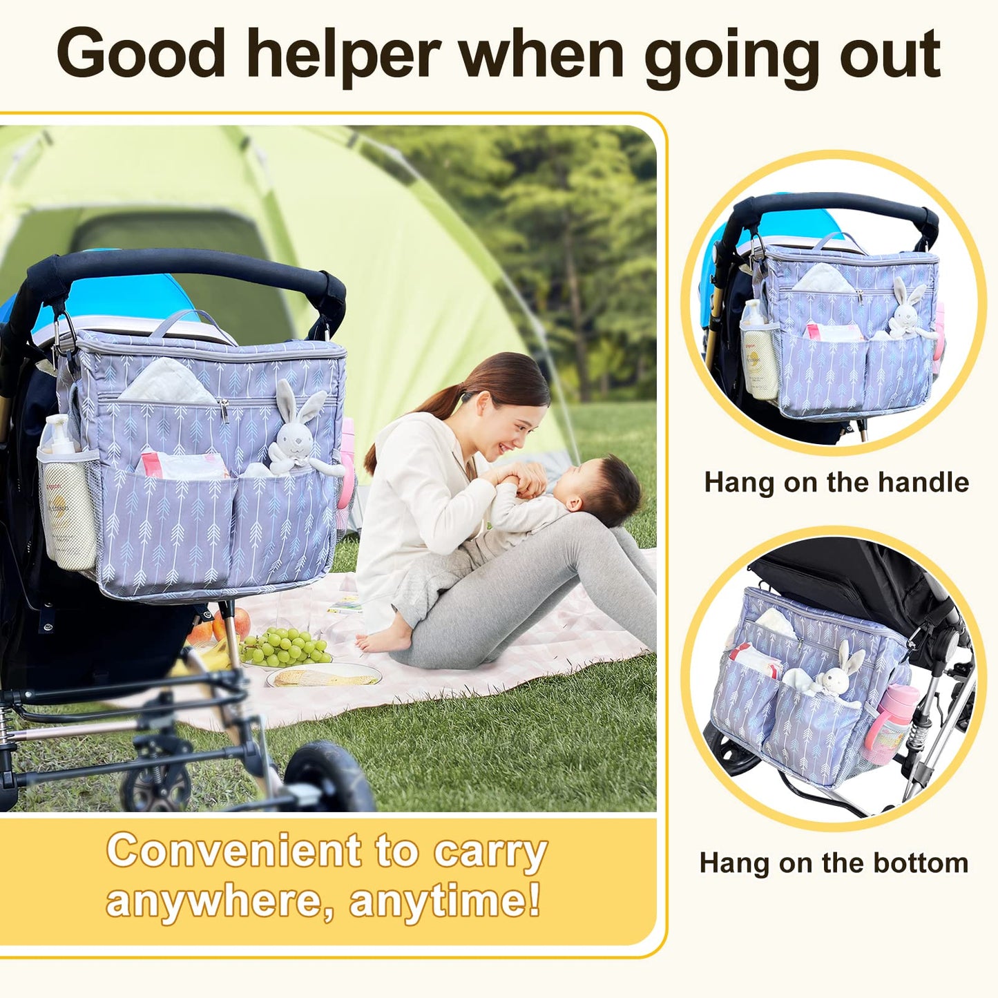 Universal Stroller Organizer Backpack with Cup Holder Diaper Bag Storage Bag for Newborn Baby Parents Fit Various Prams