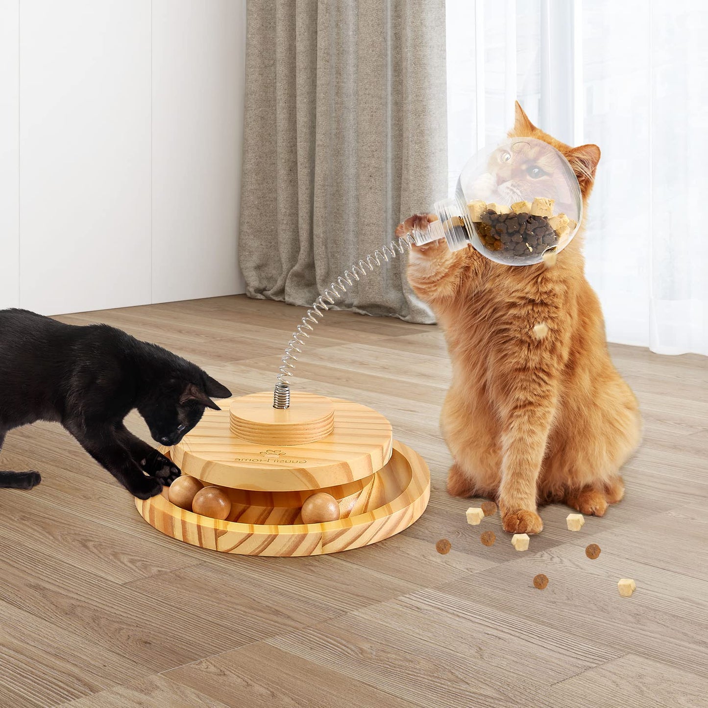 Cat Toy Interactive Funny Treat Feeder Toys for Indoor Cats Food Ball Dispenser 360° Spinning Wooden KittenTrack with 3 Rolling Balls Gifts for Kitty Chat Balle Jouet Interactif