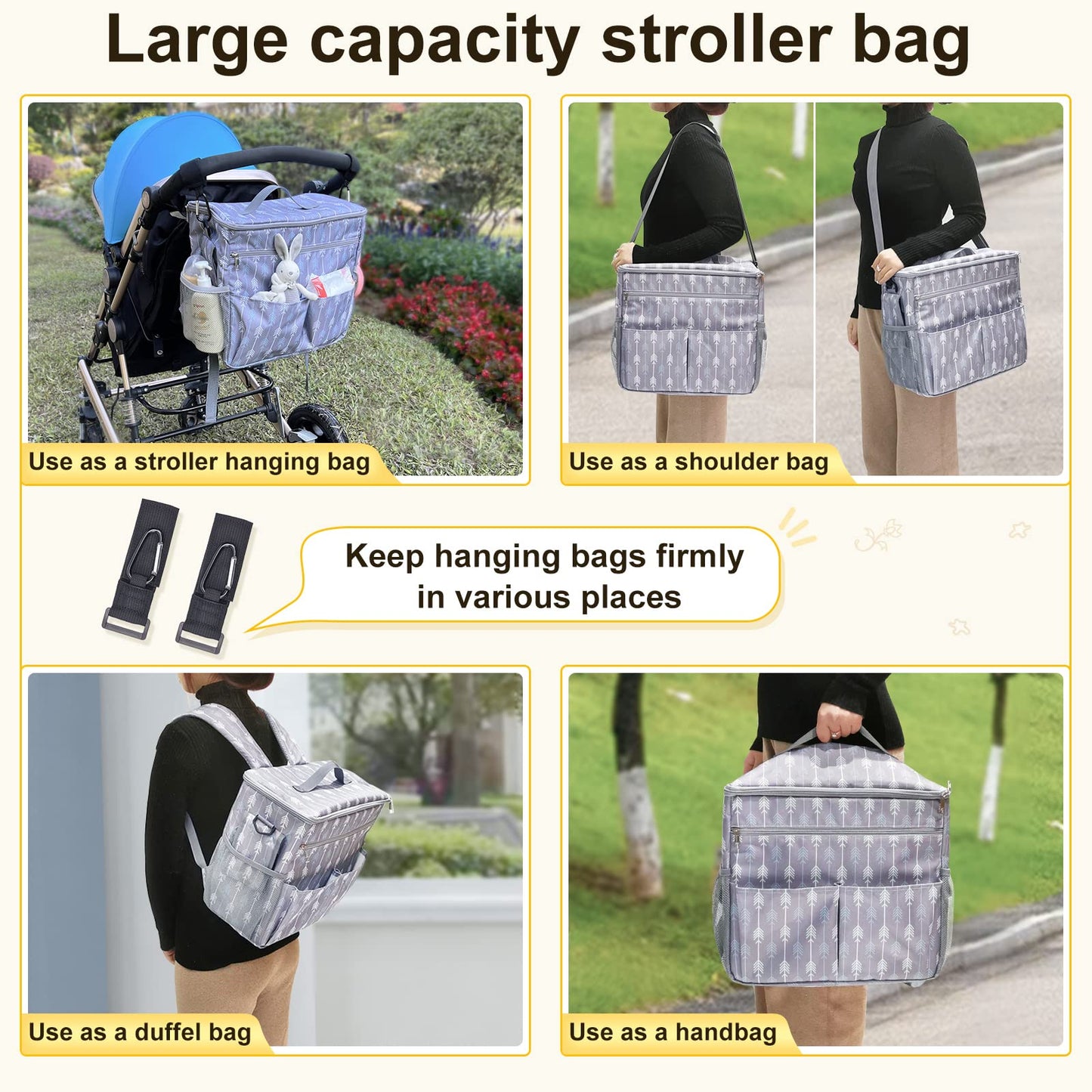 Universal Stroller Organizer Backpack with Cup Holder Diaper Bag Storage Bag for Newborn Baby Parents Fit Various Prams