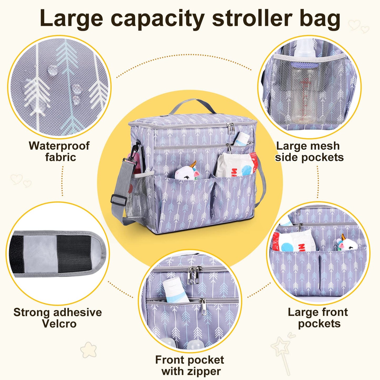 Universal Stroller Organizer Backpack with Cup Holder Diaper Bag Storage Bag for Newborn Baby Parents Fit Various Prams